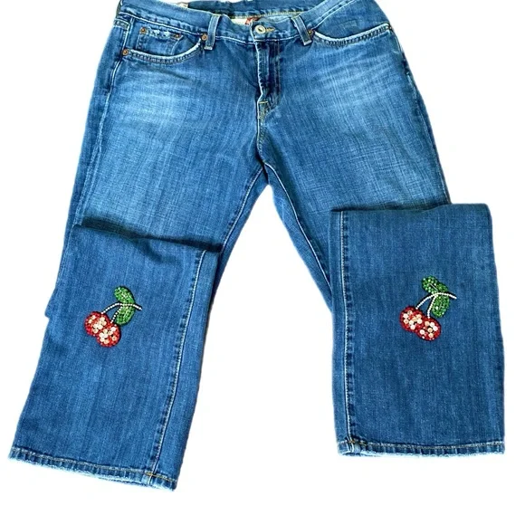 Lucky Brand Luxury Denim By Gene M Sz.10/30 Made In USA Cherry Rhinestones - Picture 1 of 17